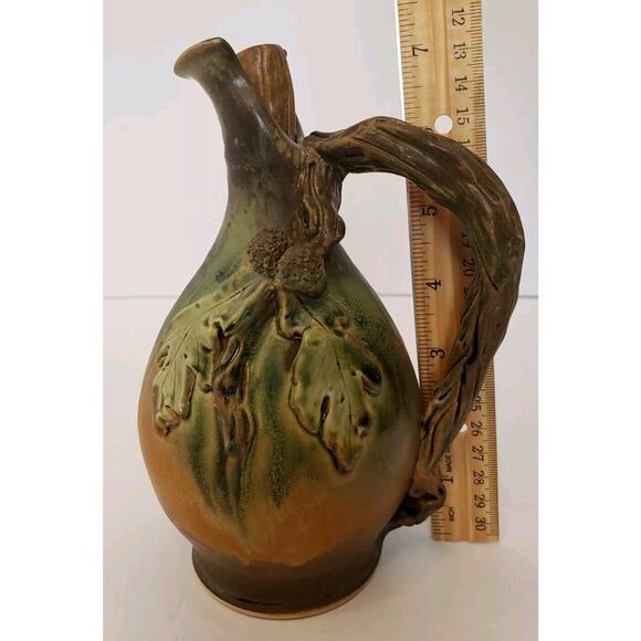 Vintage Artisan Pottery Ewer Jug w/ Stopper Oak Leaves Acorn Twig Fall Signed - Picture 13 of 14